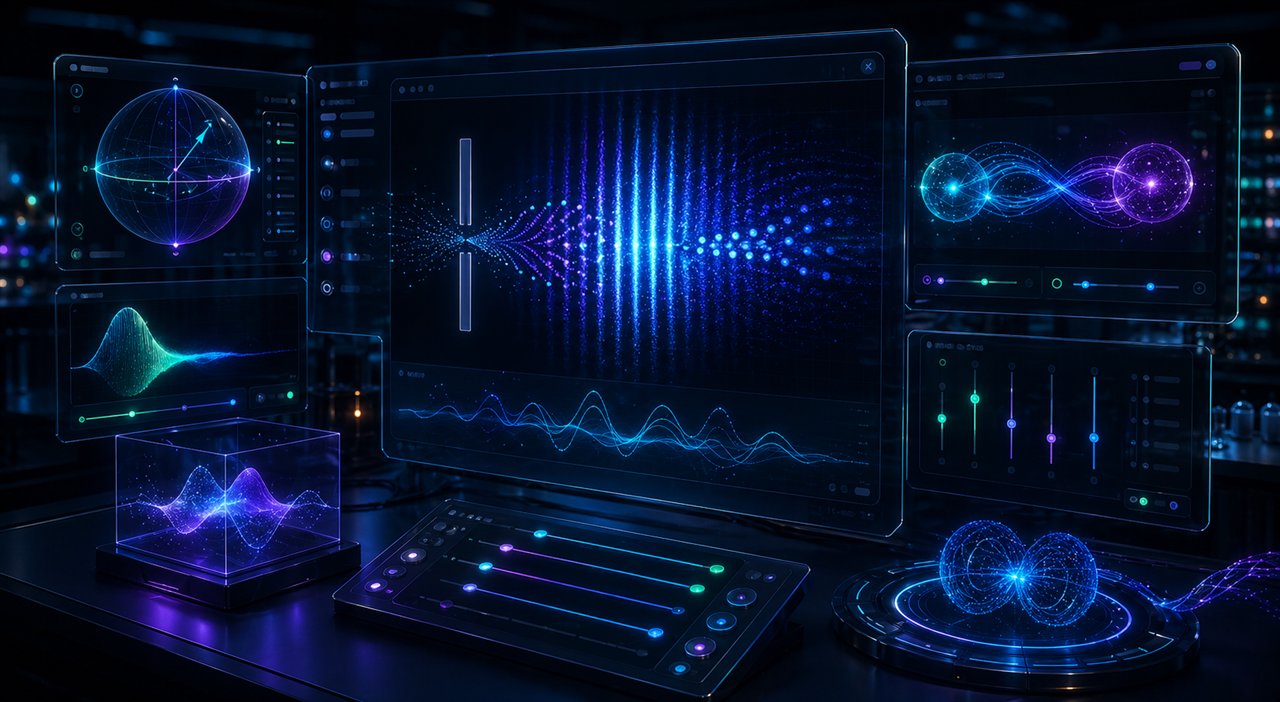 Quantum computer control room with qubit visualizations and gate panels